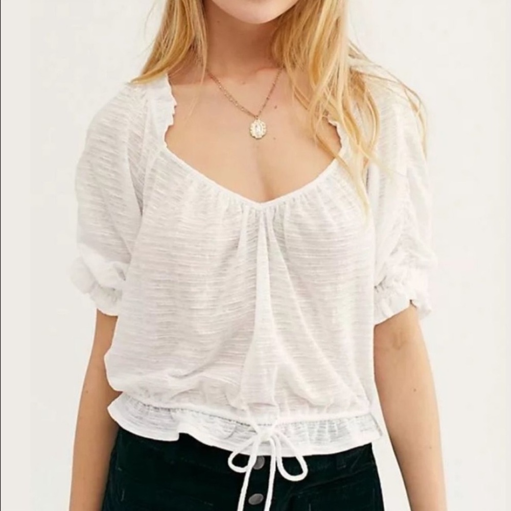Free people dorothy puff sleeve top white top cinched waist size small